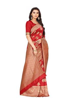 Red Woven Art Silk Saree With Blouse 2