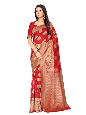 Red Woven Art Silk Saree With Blouse 5