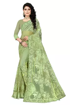 Green Embroidered Net Saree With Blouse