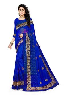 Royal Blue Embroidered Net Saree With Blouse