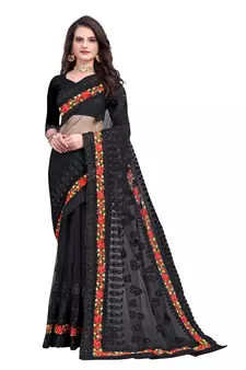 Black Embroidered Net Saree With Blouse