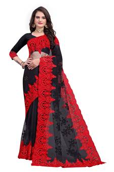 Black Embroidered Net Saree With Blouse