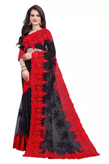 Black Embroidered Net Saree With Blouse