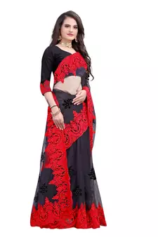 Black Embroidered Net Saree With Blouse