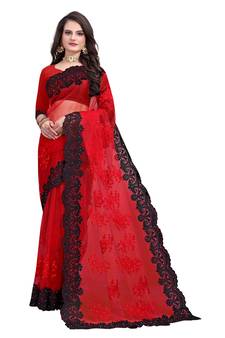Red Embroidered Net Saree With Blouse