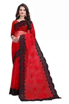 Red Embroidered Net Saree With Blouse