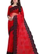 Red Embroidered Net Saree With Blouse