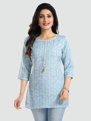 Blue printed rayon short-kurtis 2