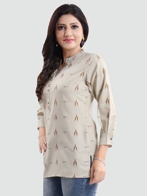 Beige printed cotton poly short-kurtis 3