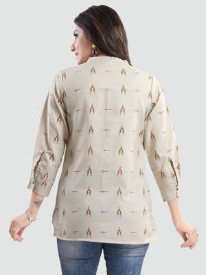 Beige printed cotton poly short-kurtis 4