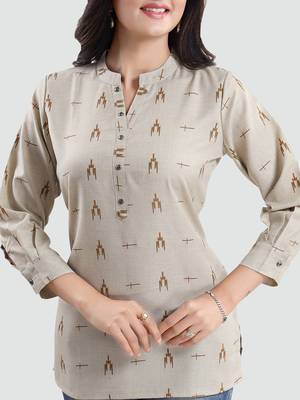 Beige printed cotton poly short-kurtis 5