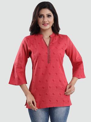Red printed cotton poly short-kurtis 2