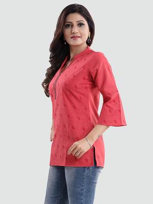 Red printed cotton poly short-kurtis 3
