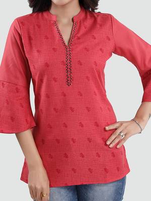 Red printed cotton poly short-kurtis 5