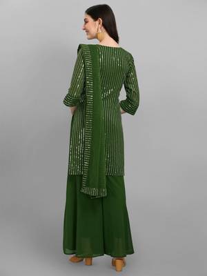 Green heavy Faux Georgette Embroidered Semi-Stitched Kurta With Stitched Umbrella Plazzo & Dupatta 2