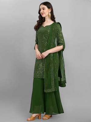 Green heavy Faux Georgette Embroidered Semi-Stitched Kurta With Stitched Umbrella Plazzo & Dupatta 3