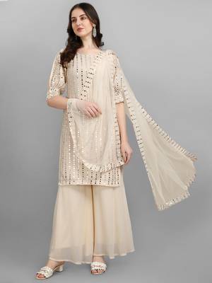 Beige heavy Faux Georgette Embroidered Semi-Stitched Kurta With Stitched Sharara & Dupatta 1