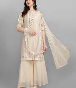Beige heavy Faux Georgette Embroidered Semi-Stitched Kurta With Stitched Sharara & Dupatta