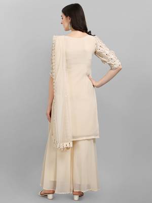 Beige heavy Faux Georgette Embroidered Semi-Stitched Kurta With Stitched Sharara & Dupatta 2