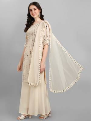 Beige heavy Faux Georgette Embroidered Semi-Stitched Kurta With Stitched Sharara & Dupatta 3