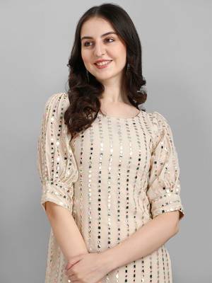Beige heavy Faux Georgette Embroidered Semi-Stitched Kurta With Stitched Sharara & Dupatta 4