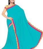 Light turquoise embroidered chiffon saree with blouse