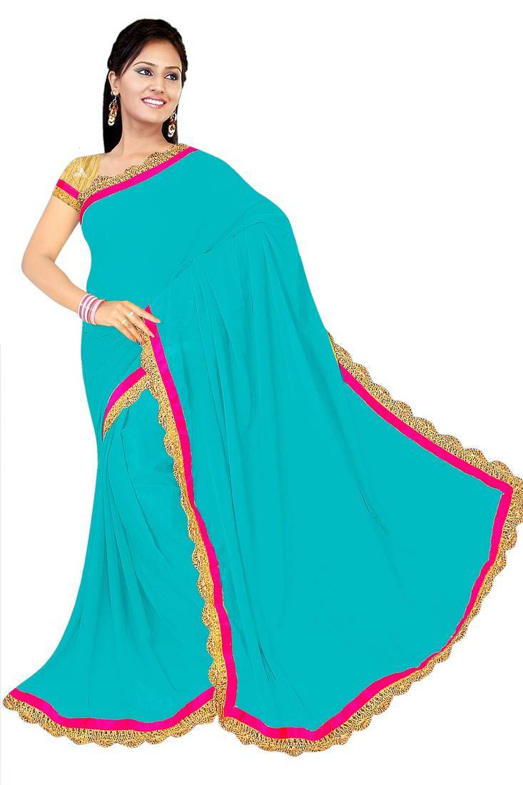 Light turquoise embroidered chiffon saree with blouse