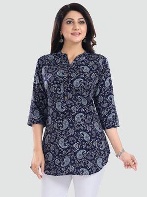Navy-blue printed crepe short-kurtis 1