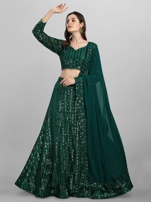 Green Sequinned Embroidered Semi-Stitched Lehenga & Unstitched Blouse with Dupatta 1