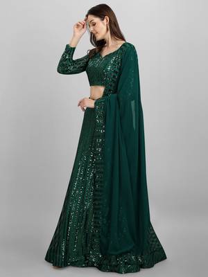 Green Sequinned Embroidered Semi-Stitched Lehenga & Unstitched Blouse with Dupatta 3
