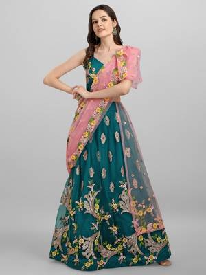 Teal Blue & Pink Embroidered Semi-Stitched Lehenga & Unstitched Blouse with Dupatta 1