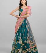 Teal Blue & Pink Embroidered Semi-Stitched Lehenga & Unstitched Blouse with Dupatta