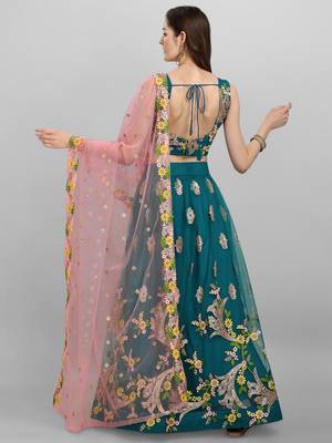 Teal Blue & Pink Embroidered Semi-Stitched Lehenga & Unstitched Blouse with Dupatta 2