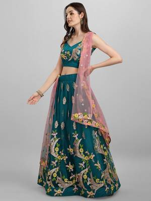 Teal Blue & Pink Embroidered Semi-Stitched Lehenga & Unstitched Blouse with Dupatta 3