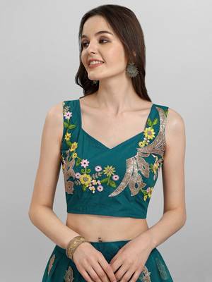 Teal Blue & Pink Embroidered Semi-Stitched Lehenga & Unstitched Blouse with Dupatta 4