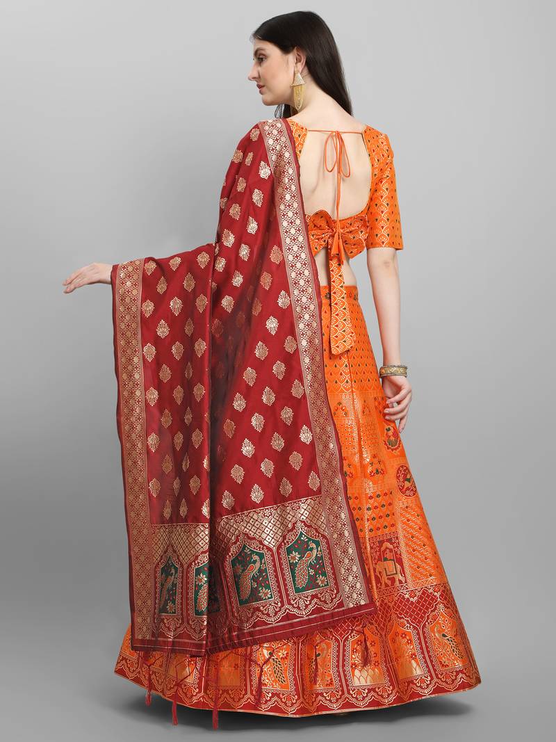 Orange & Maroon Woven Design Semi-Stitched Lehenga & UnStitched Blouse with Dupatta