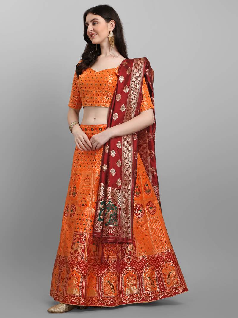 Orange & Maroon Woven Design Semi-Stitched Lehenga & UnStitched Blouse with Dupatta