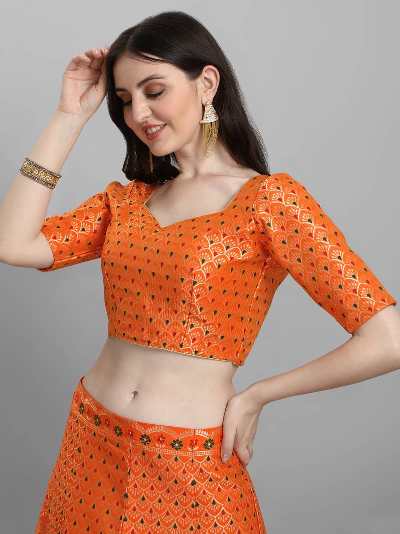 Orange & Maroon Woven Design Semi-Stitched Lehenga & UnStitched Blouse with Dupatta