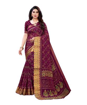 Purple printed cotton silk saree with blouse 1