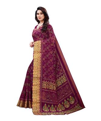 Purple printed cotton silk saree with blouse 3