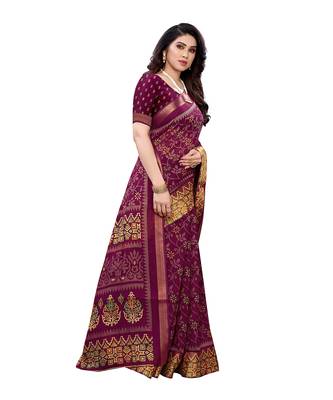 Purple printed cotton silk saree with blouse 4