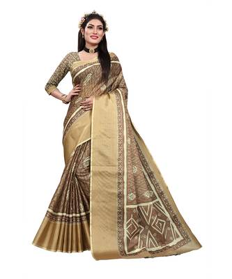 Brown printed cotton silk saree with blouse 1