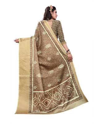 Brown printed cotton silk saree with blouse 2