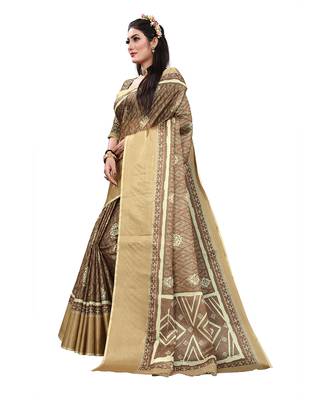 Brown printed cotton silk saree with blouse 3