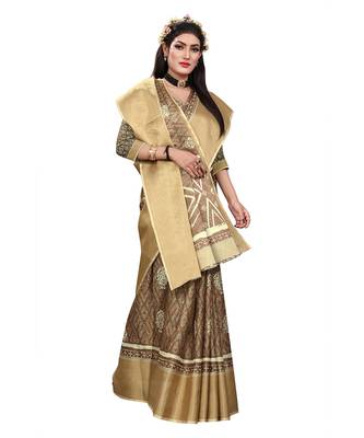 Brown printed cotton silk saree with blouse 4