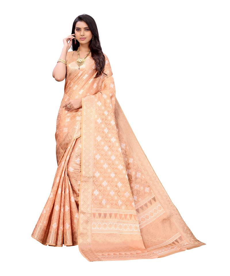 Peach woven organza saree with blouse