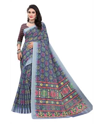 Purple printed cotton silk saree with blouse 1