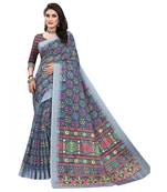 Purple printed cotton silk saree with blouse