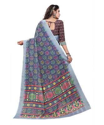 Purple printed cotton silk saree with blouse 2