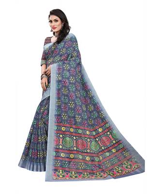 Purple printed cotton silk saree with blouse 3